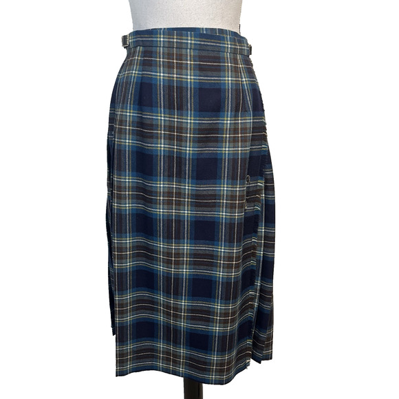 O'Neil of Dublin Wrap Skirt Women's Size 10 Blue Brown Plaid Wool Pleated Fringe - Picture 1 of 11